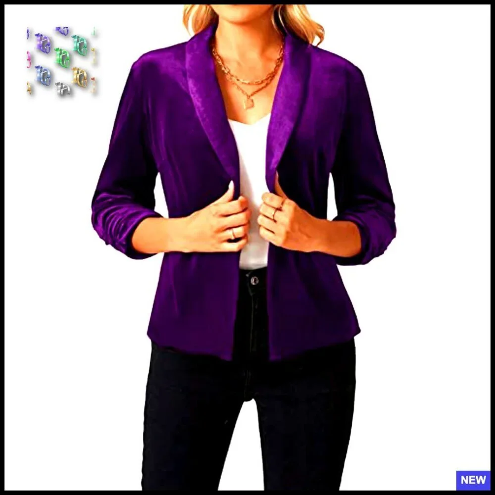 Velvet Blazer 3/4 Ruched Sleeve Shawl Lapel Open Front Chic Business Casual